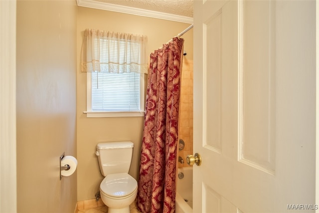 bathroom featuring shower / tub combo, a textured ceiling, toilet, tile patterned floors, and crown molding