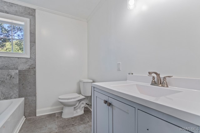 bathroom with a tub to relax in, vanity, crown molding, and toilet