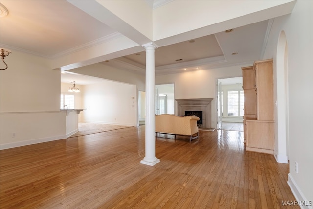 unfurnished living room with decorative columns, a wealth of natural light, light wood-type flooring, and a tray ceiling