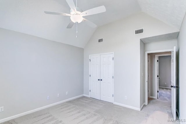 200 Mcrae Rd, Deatsville, AL 36022 - unfurnished bedroom featuring light colored carpet, baseboards, a closet, high vaulted ceiling, and ceiling fan
