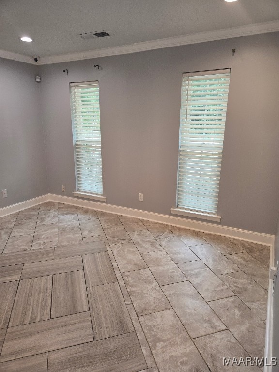 spare room with crown molding and plenty of natural light