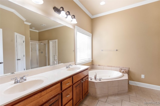 bathroom with vanity, crown molding, shower with separate bathtub, and tile patterned flooring