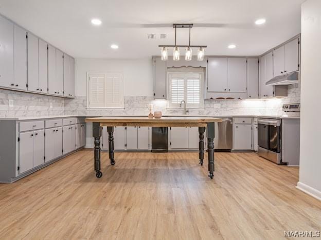 kitchen with under cabinet range hood, tasteful backsplash, light wood-style floors, and appliances with stainless steel finishes