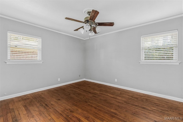 empty room with ceiling fan, wood-type flooring, and ornamental molding