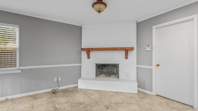 unfurnished living room featuring crown molding and a fireplace