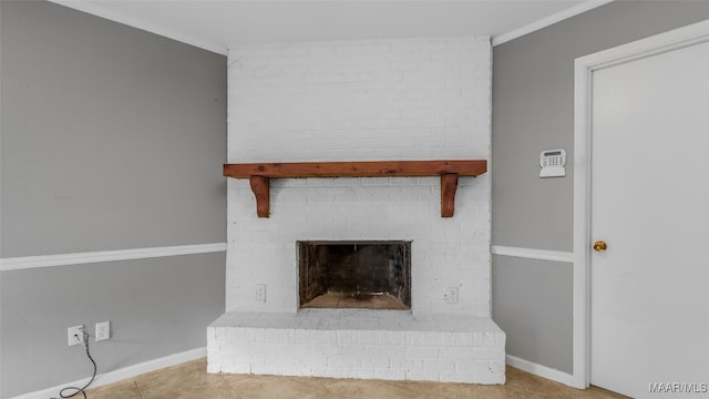 interior details with ornamental molding, tile patterned flooring, and a brick fireplace