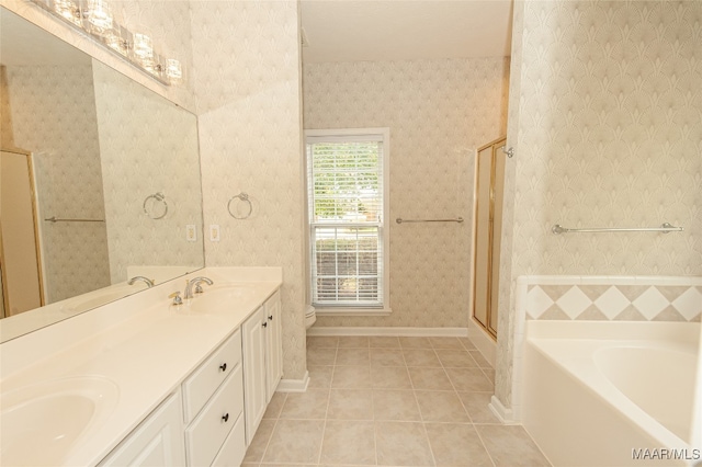 full bathroom with vanity, separate shower and tub, toilet, and tile patterned floors