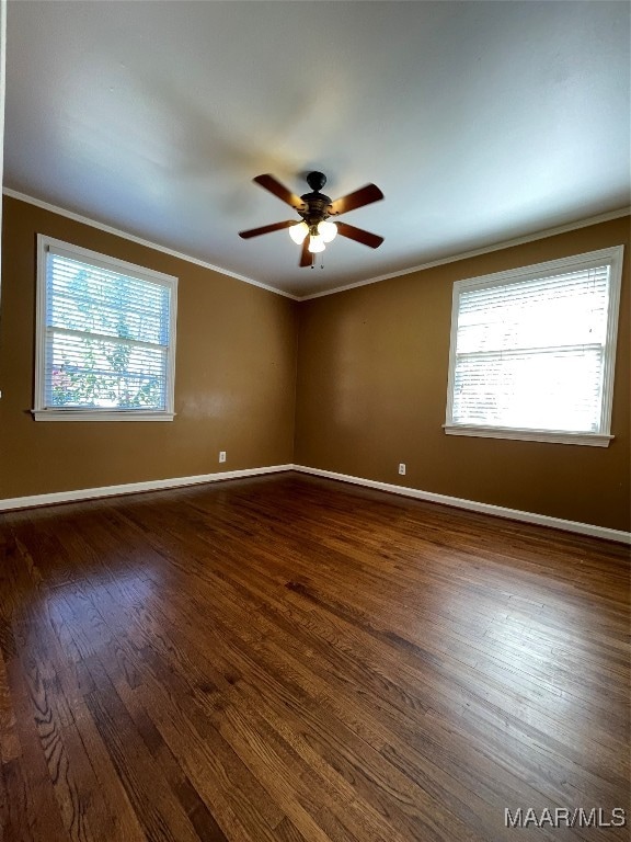 spare room featuring dark wood-type flooring, ceiling fan, and crown molding