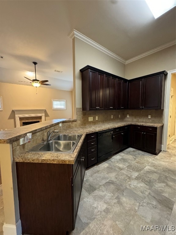 kitchen with black dishwasher, kitchen peninsula, dark brown cabinets, crown molding, and sink