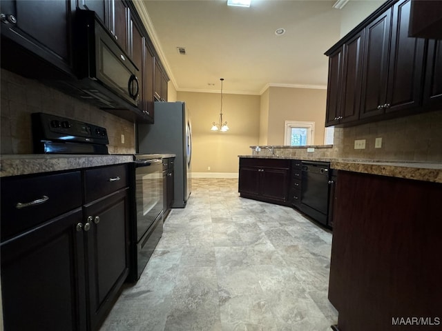 kitchen with ornamental molding, black appliances, decorative light fixtures, an inviting chandelier, and tasteful backsplash