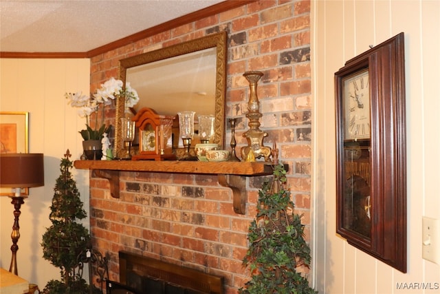 bar featuring a textured ceiling, crown molding, and brick wall