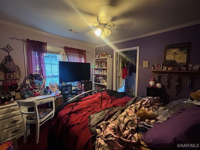 bedroom with ceiling fan and ornamental molding