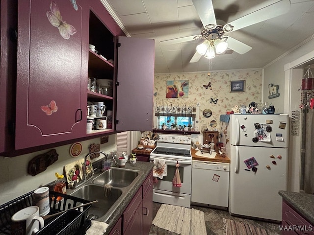 kitchen featuring white appliances, ceiling fan, ornamental molding, and sink