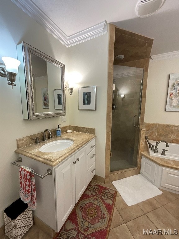 bathroom featuring vanity, crown molding, independent shower and bath, and tile patterned flooring