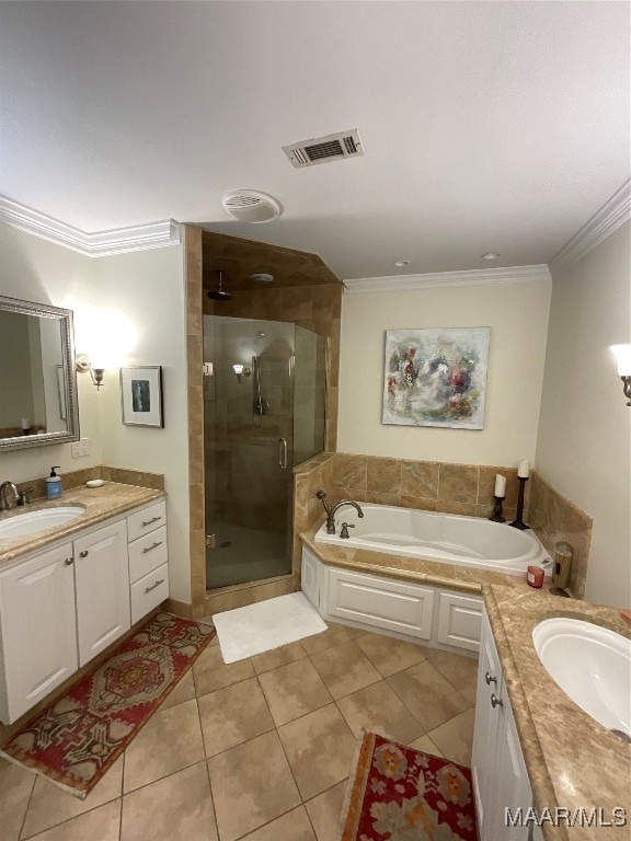 bathroom with vanity, ornamental molding, shower with separate bathtub, and tile patterned flooring