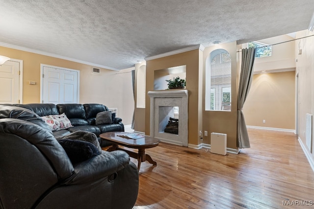 living room featuring crown molding, a textured ceiling, and light wood-type flooring