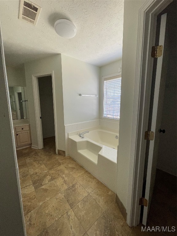 bathroom with vanity, a textured ceiling, and a washtub