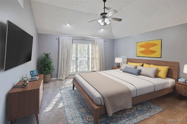 bedroom with ceiling fan and vaulted ceiling