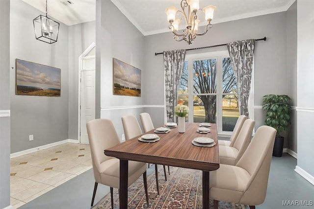 tiled dining room featuring crown molding and an inviting chandelier