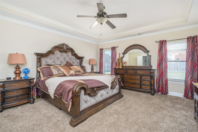 carpeted bedroom featuring ceiling fan, a raised ceiling, ornamental molding, and multiple windows