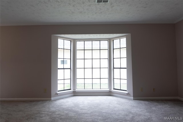 carpeted spare room with a textured ceiling, a wealth of natural light, and crown molding