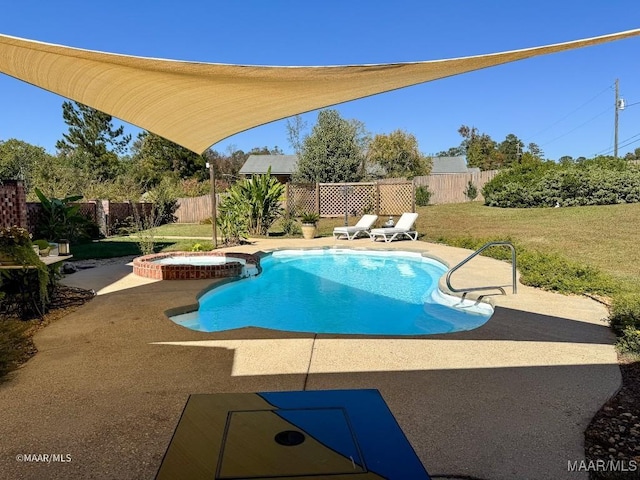 view of pool with a pool with connected hot tub, a yard, a patio, and a fenced backyard