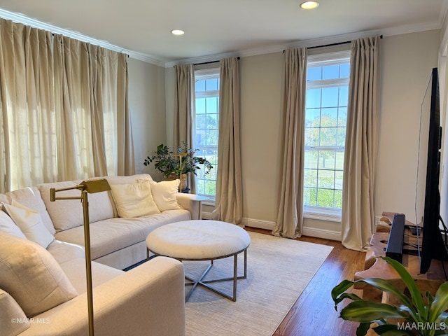 living room with light wood-type flooring and ornamental molding