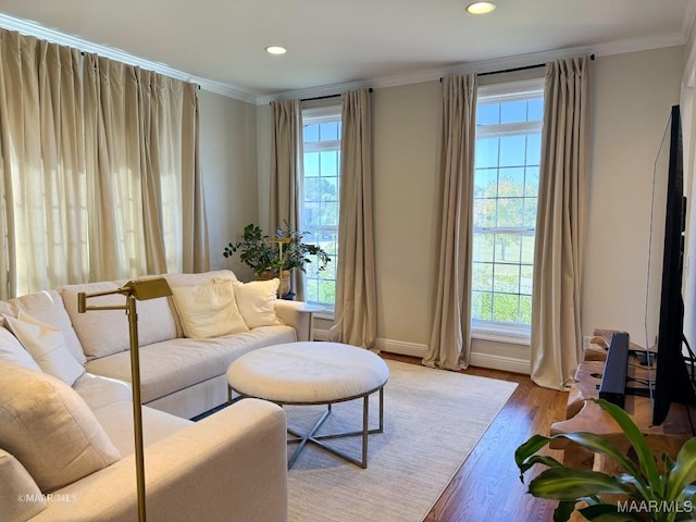 living room featuring crown molding, recessed lighting, and wood finished floors