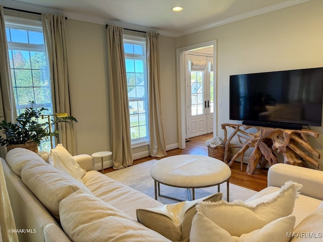 living room with light wood-type flooring and ornamental molding