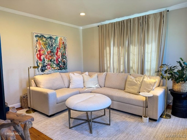 living room featuring light wood-style flooring, recessed lighting, and ornamental molding
