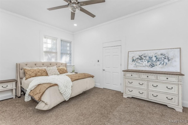 bedroom with crown molding, ceiling fan, light carpet, baseboards, and recessed lighting
