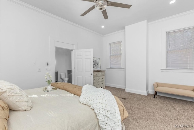 carpeted bedroom featuring recessed lighting, a ceiling fan, baseboards, and ornamental molding