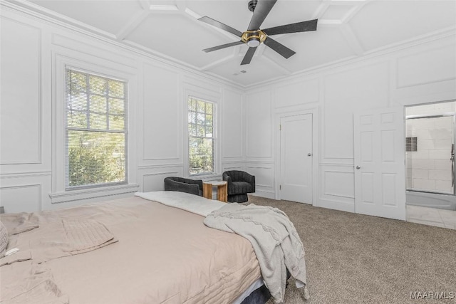 bedroom featuring carpet, a decorative wall, and coffered ceiling