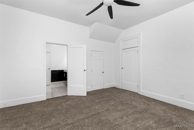 unfurnished bedroom with baseboards, carpet flooring, and ceiling fan