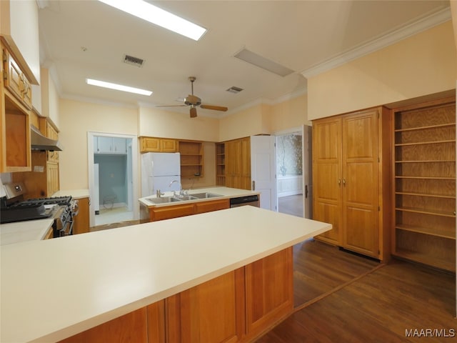 kitchen with kitchen peninsula, black gas stove, sink, and white refrigerator