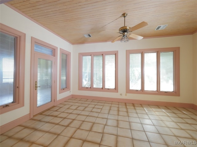 unfurnished sunroom with wooden ceiling and ceiling fan