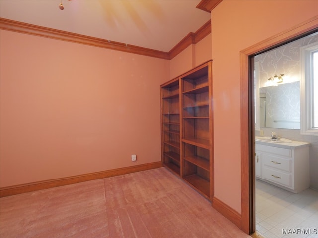 interior space featuring light carpet, ornamental molding, and sink