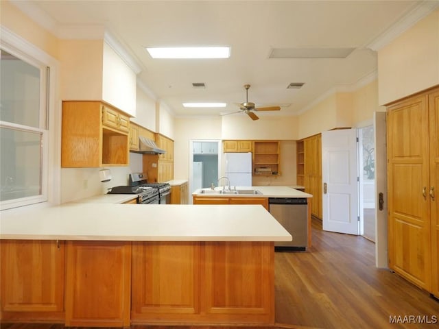kitchen featuring a sink, a peninsula, crown molding, wood finished floors, and stainless steel appliances