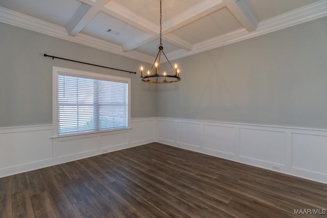 unfurnished room with coffered ceiling, beamed ceiling, ornamental molding, an inviting chandelier, and dark hardwood / wood-style floors