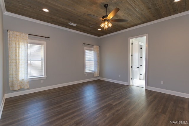 spare room with ornamental molding, wood ceiling, ceiling fan, and dark hardwood / wood-style flooring