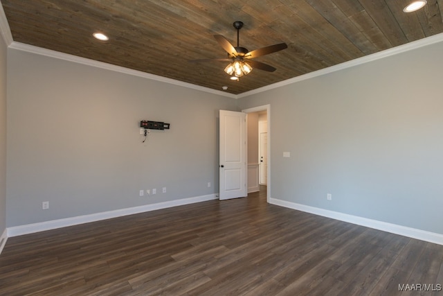 spare room with ornamental molding, dark wood-type flooring, ceiling fan, and wooden ceiling