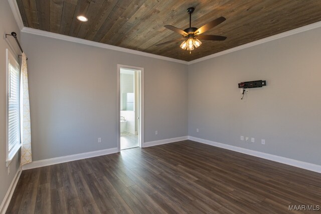 spare room with dark wood-type flooring, wood ceiling, crown molding, and ceiling fan