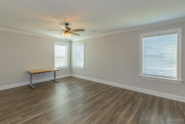 spare room featuring crown molding, ceiling fan, and dark hardwood / wood-style flooring