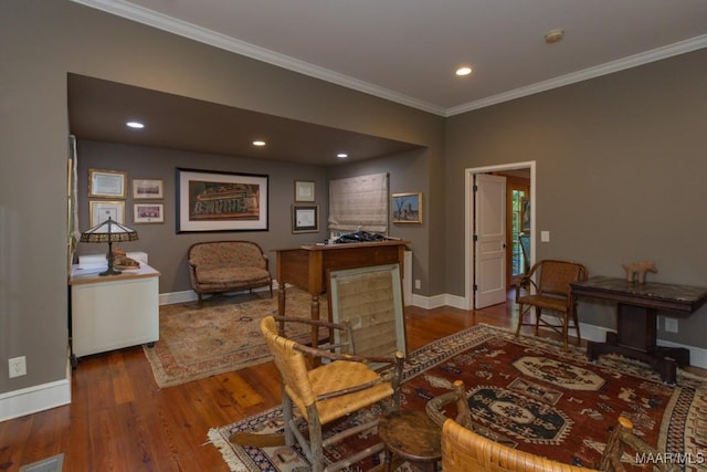 interior space featuring dark wood-type flooring and ornamental molding