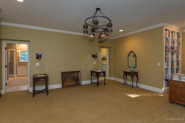 miscellaneous room with a notable chandelier, crown molding, and carpet floors