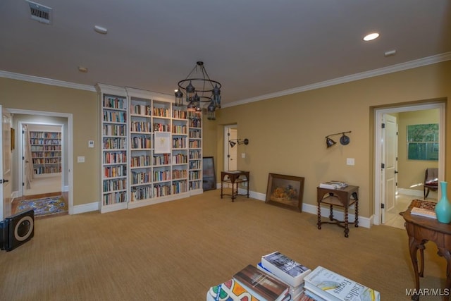 living area featuring ornamental molding, light carpet, and a notable chandelier