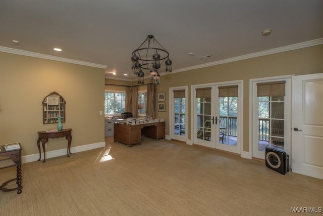 interior space featuring ornamental molding, light carpet, and french doors