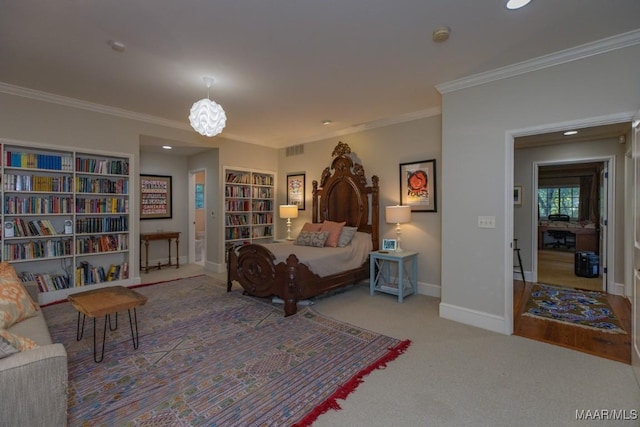 carpeted bedroom featuring crown molding