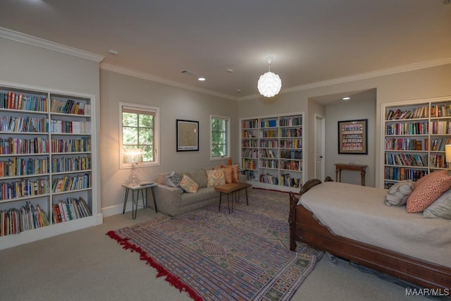 carpeted bedroom with ornamental molding