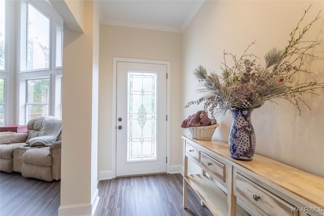 entryway featuring baseboards, ornamental molding, and wood finished floors